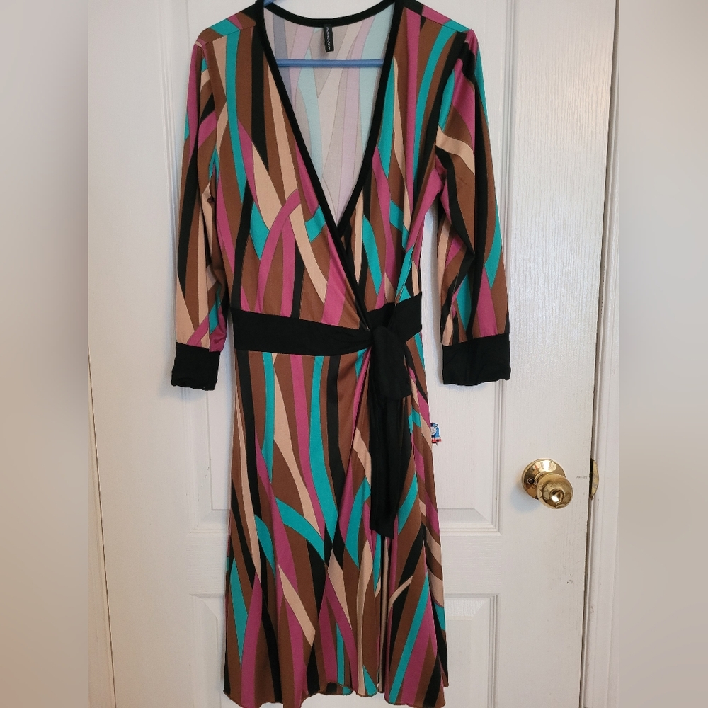 NAF NAF Blue and Black Wrap Dress with Plunge Neckline